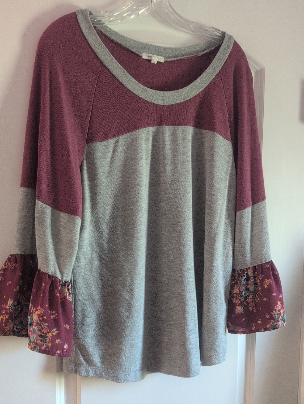 Maurices Grey and Burgundy Floral Bell-Sleeve Tunic